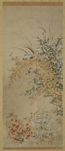 Blommor och gräs, Hängande rulle (monterad på panel), 1600-30 (bläck och färg på papper)